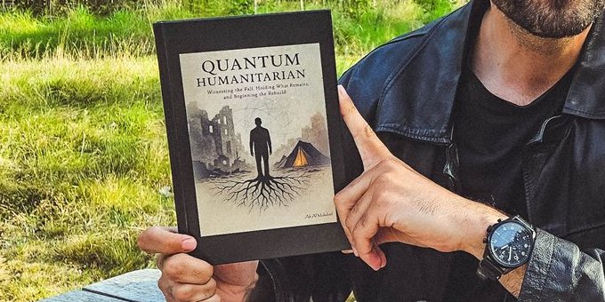 A copy of Quantum Humanitarian held open to the camera, as photographed for The Copenhagen Post